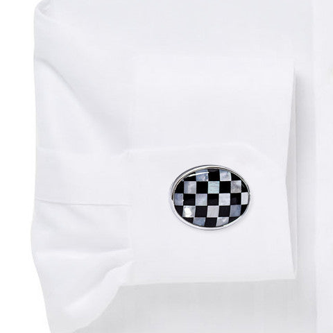 Oval Checker Cufflink 925 Sterling Silver & Mother of Pearl - Kelvin Gems