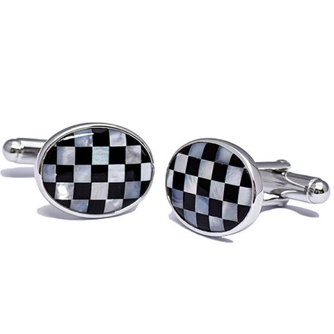 Oval Checker Cufflink 925 Sterling Silver & Mother of Pearl - Kelvin Gems